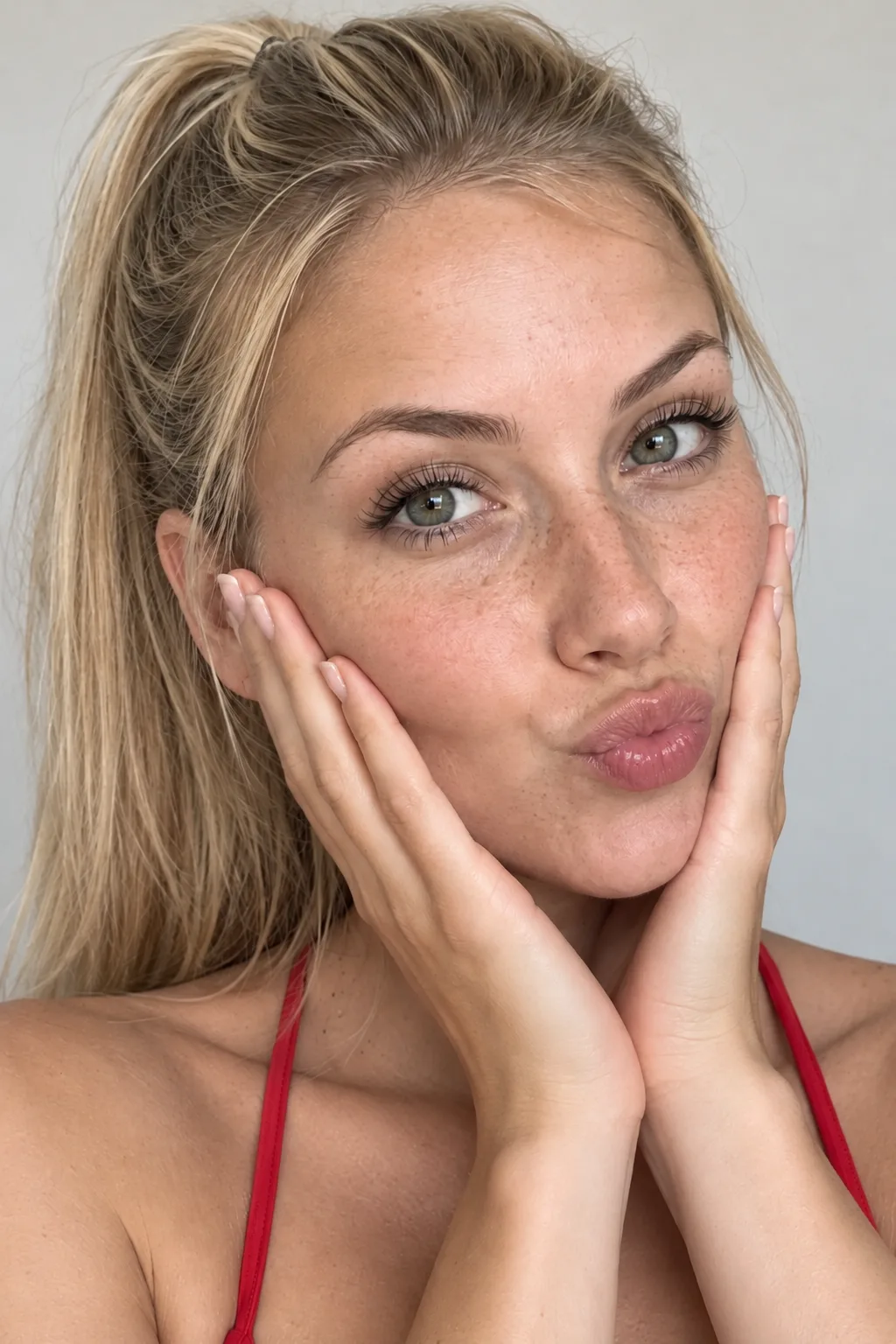 Blonde model with her hands framing her cheeks