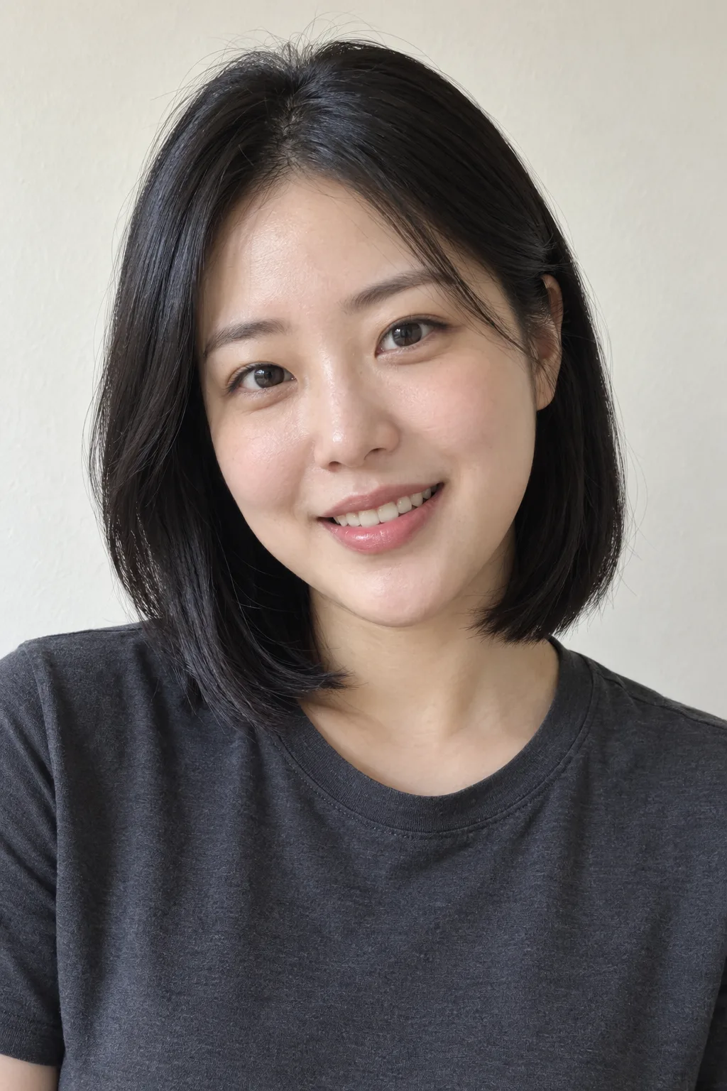 Model with a dark bob and a relaxed smile