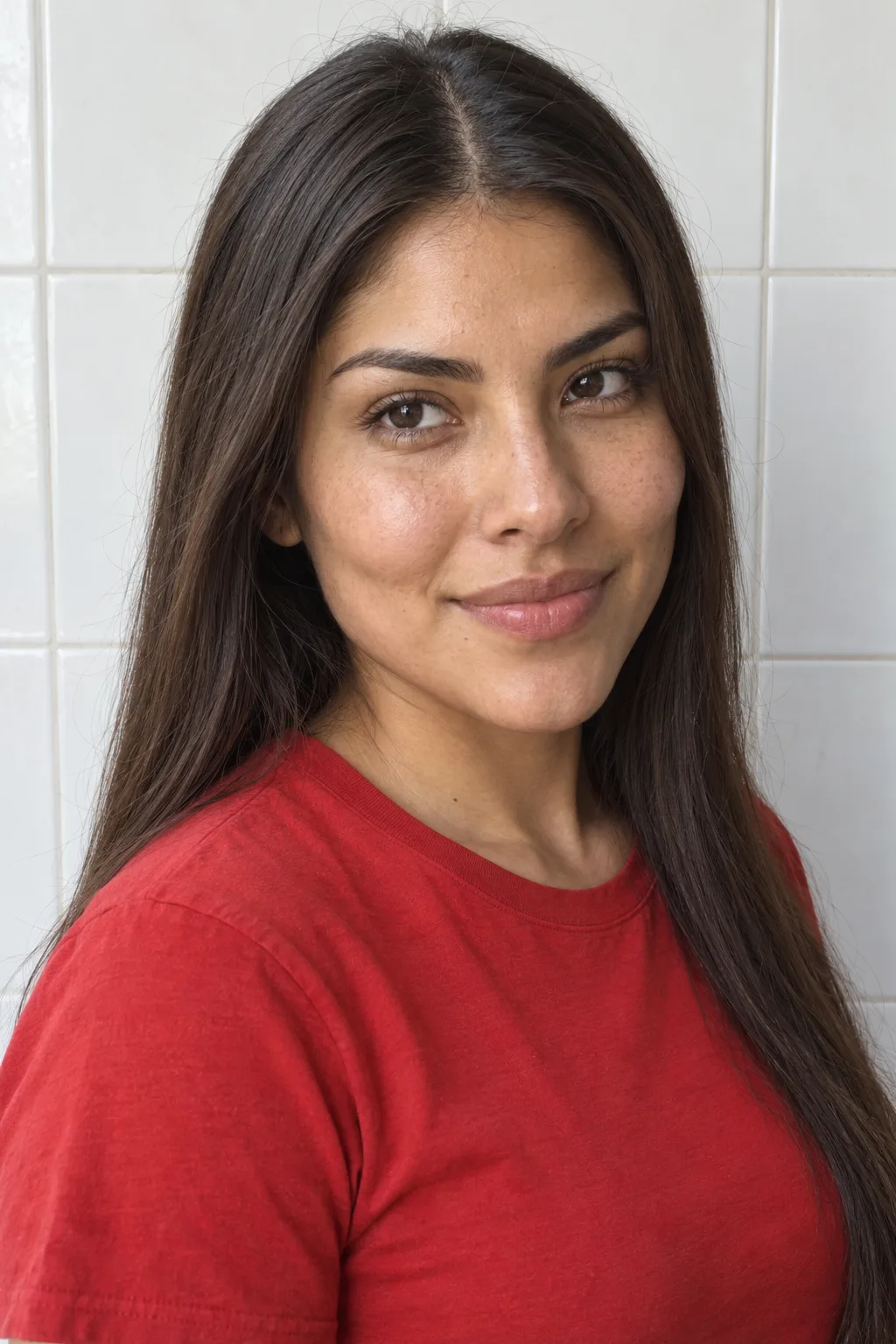 Model with long dark hair smiling