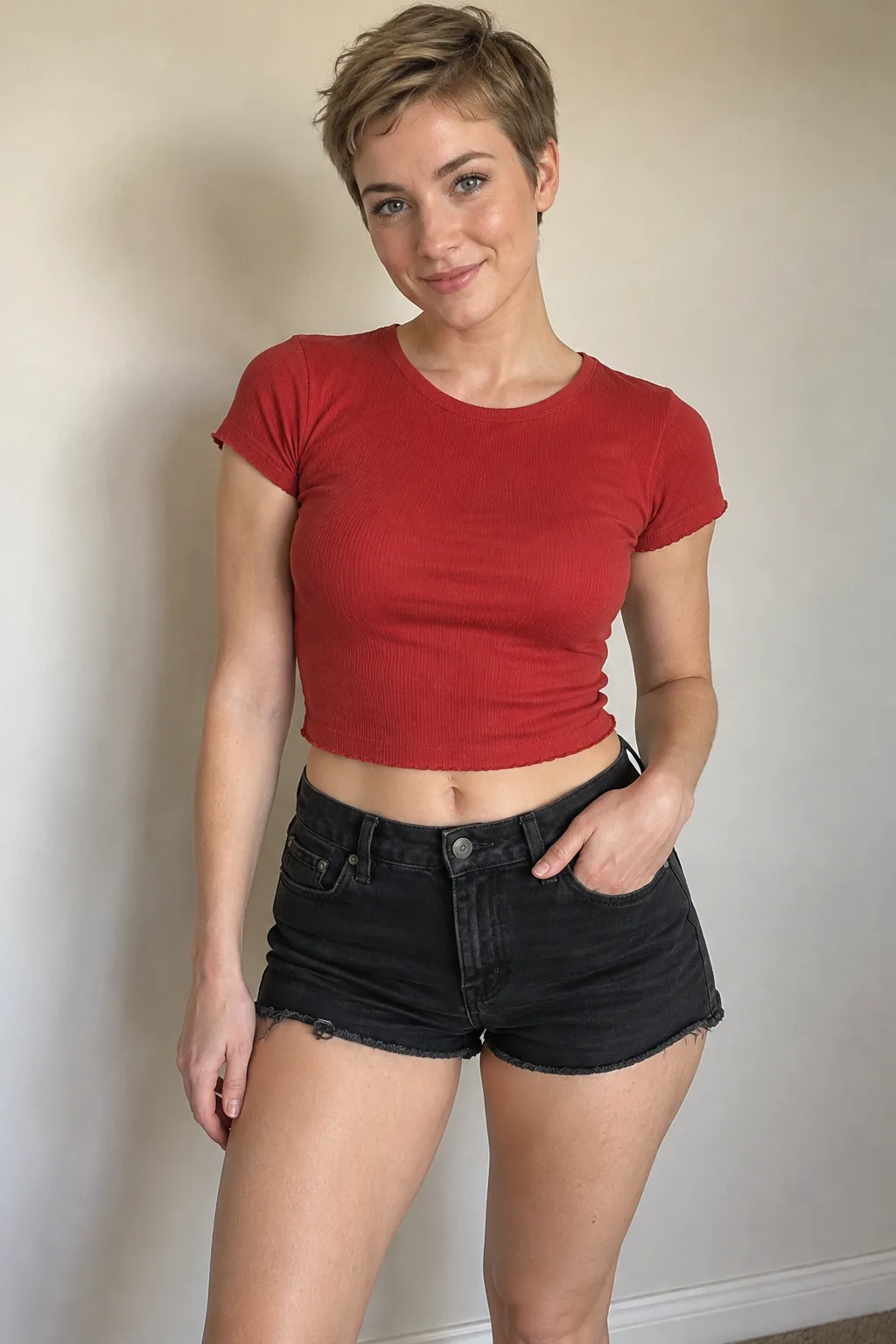 Short-haired model standing in a red tee and black shorts